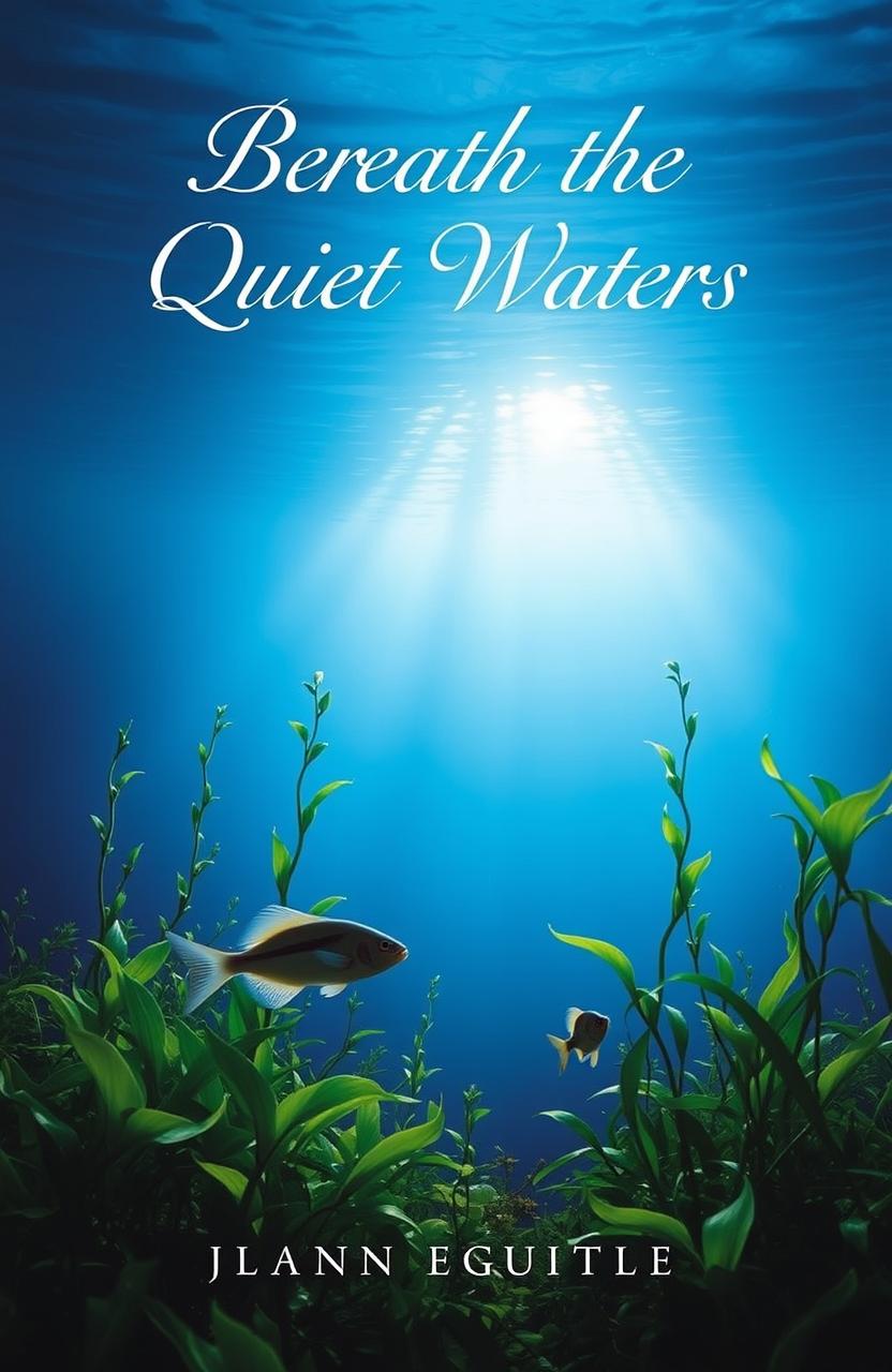 A serene book cover for a novel titled 'Beneath the Quiet Waters'