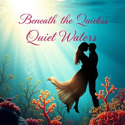 A romantic book cover for a novel titled 'Beneath the Quiet Waters'