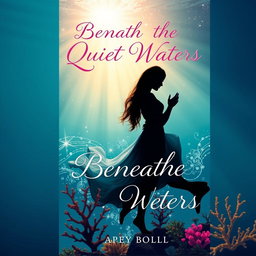 A romantic book cover for a novel titled 'Beneath the Quiet Waters'