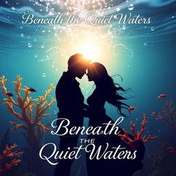 A romantic book cover for a novel titled 'Beneath the Quiet Waters'