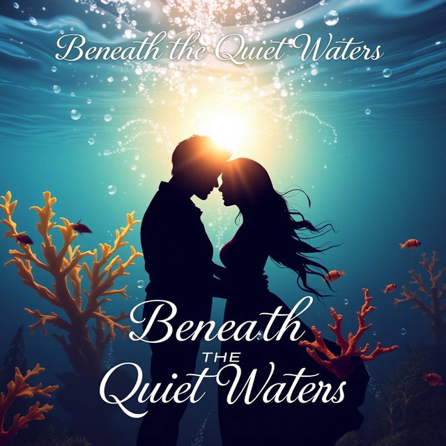 A romantic book cover for a novel titled 'Beneath the Quiet Waters'