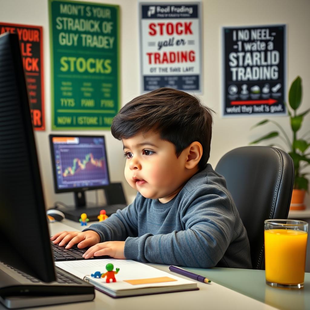A chubby young boy named Abolfazl, sitting at a desk in a home office environment, focused on trading on his computer