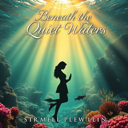 A romantic book cover for a novel titled 'Beneath the Quiet Waters'