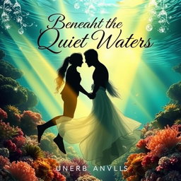 A romantic book cover for a novel titled 'Beneath the Quiet Waters'