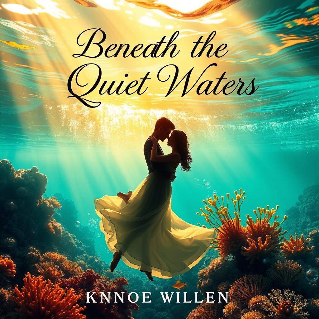 A romantic book cover for a novel titled 'Beneath the Quiet Waters'