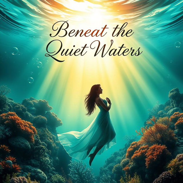 A romantic book cover for a novel titled 'Beneath the Quiet Waters'