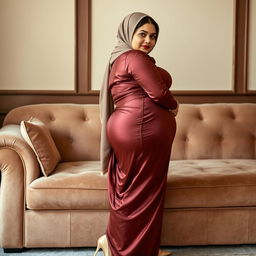 A 50-year-old Pakistani Muslim woman with a beautiful face, captured in a full-length photo