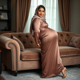 A 50-year-old Pakistani Muslim woman with a beautiful face, captured in a full-length photo