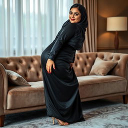 A 50-year-old Pakistani Muslim woman with a beautiful face, captured in a full-length photo