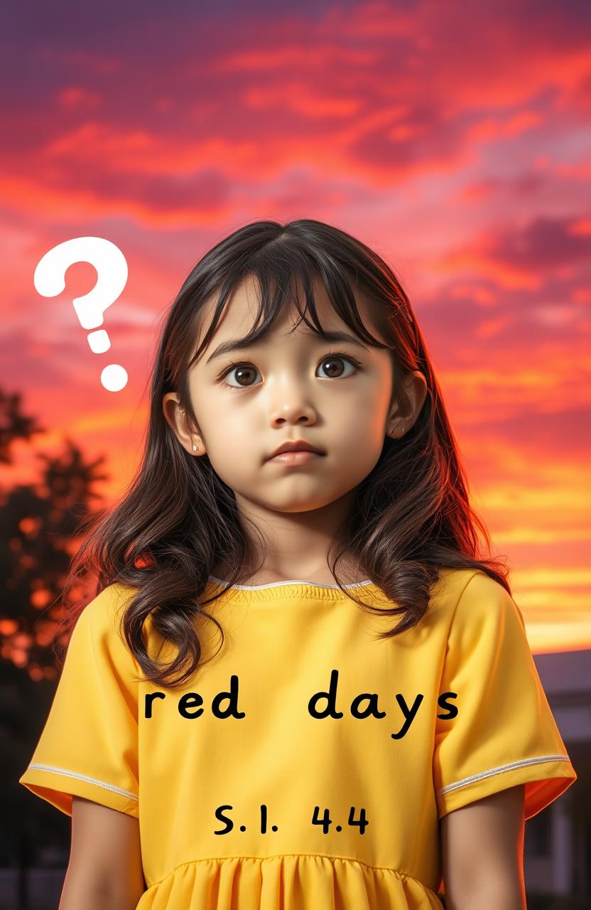 A young girl looking puzzled and confused, with a backdrop of a vibrant sunset symbolizing 'red days'
