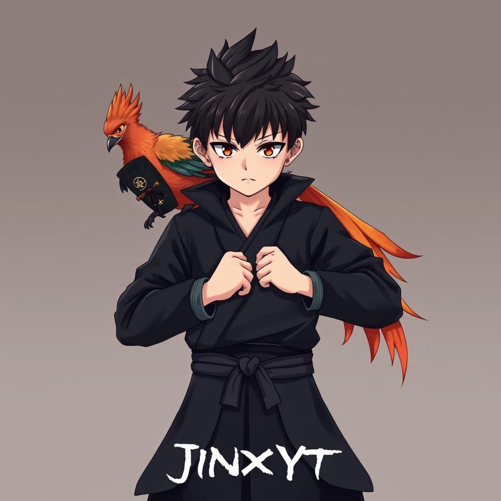 A young samurai boy wearing a sleek black outfit, dramatically pulling off his mask with a phoenix perched on his shoulder