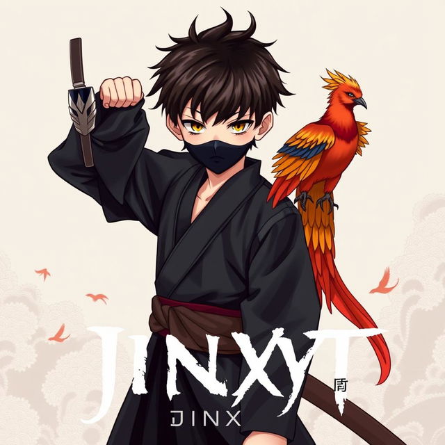 A young samurai boy wearing a sleek black outfit, dramatically pulling off his mask with a phoenix perched on his shoulder
