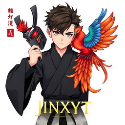 A young samurai boy wearing a sleek black outfit, dramatically pulling off his mask with a phoenix perched on his shoulder