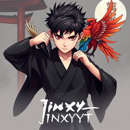 A young samurai boy wearing a sleek black outfit, dramatically pulling off his mask with a phoenix perched on his shoulder