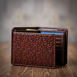 A stylish wallet featuring a textured surface that mimics the appearance of high-quality leather with intricate designs