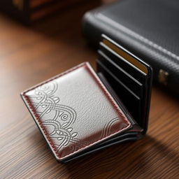 A stylish wallet featuring a textured surface that mimics the appearance of high-quality leather with intricate designs