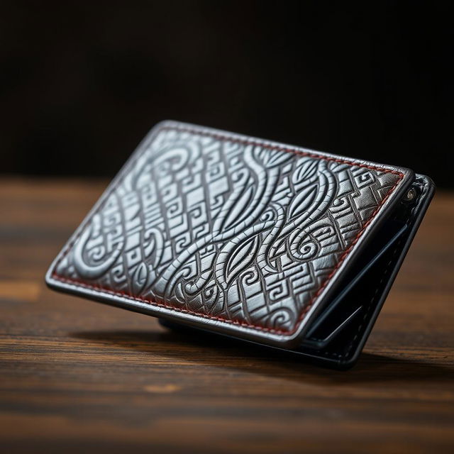 A stylish wallet featuring a textured surface that mimics the appearance of high-quality leather with intricate designs
