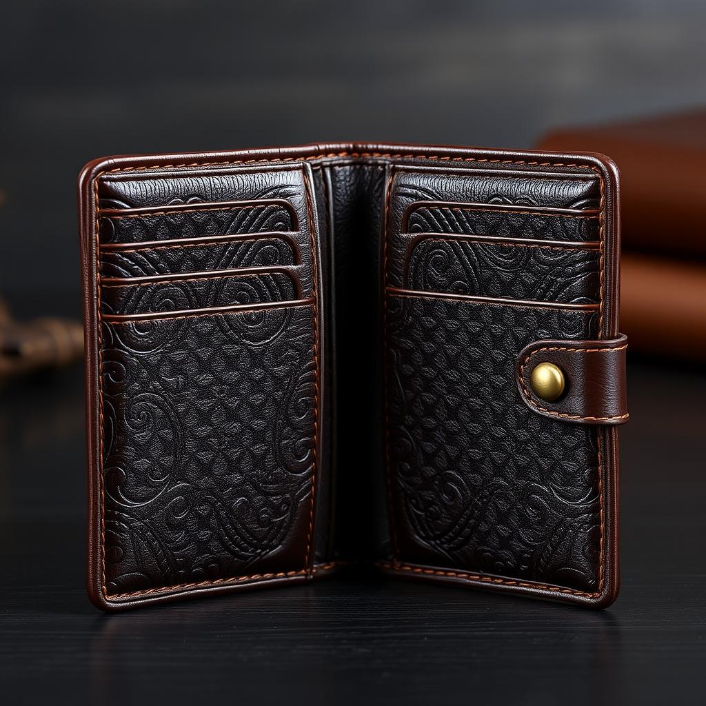 A stylish wallet featuring a textured surface that mimics the appearance of high-quality leather with intricate designs