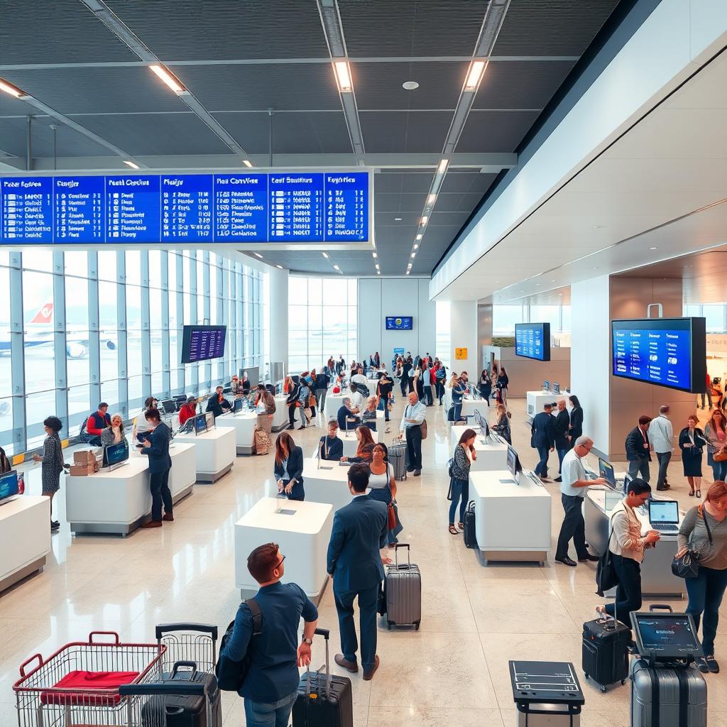 A modern airport check-in area featuring sleek, stylish check-in desks