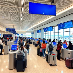 A modern airport check-in area featuring sleek, stylish check-in desks