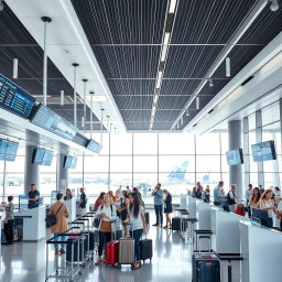 A modern airport check-in area featuring sleek, stylish check-in desks
