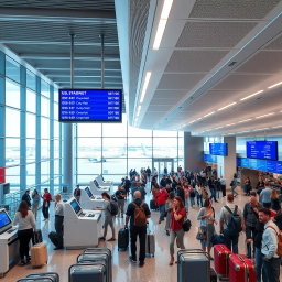 A modern airport check-in area featuring sleek, stylish check-in desks