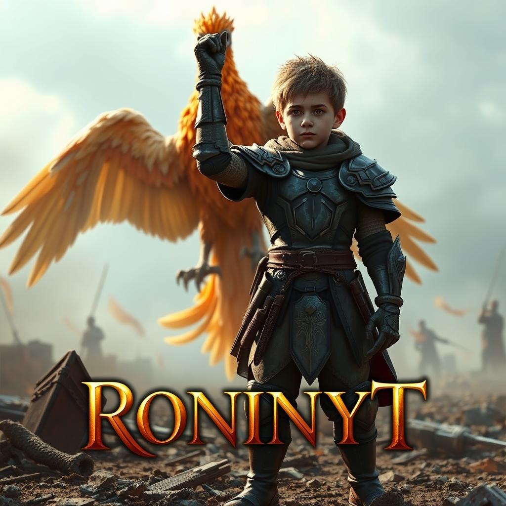 A proud boy standing triumphantly at the end of a war, next to his majestic phoenix