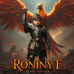 A proud boy standing triumphantly at the end of a war, next to his majestic phoenix