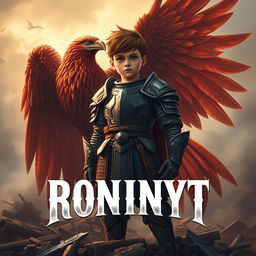 A proud boy standing triumphantly at the end of a war, next to his majestic phoenix