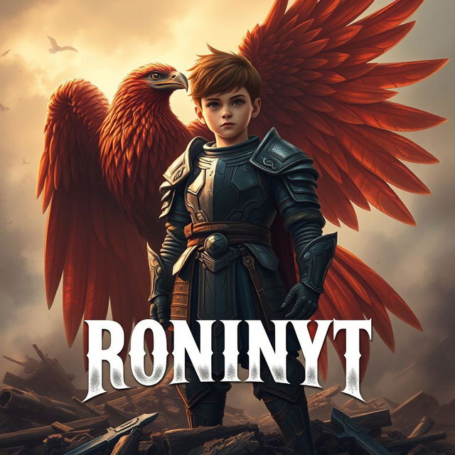 A proud boy standing triumphantly at the end of a war, next to his majestic phoenix