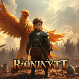 A proud boy standing triumphantly at the end of a war, next to his majestic phoenix