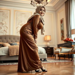 A 48 years old Central Asian Muslim woman with a beautiful face, captured in a full-length photograph