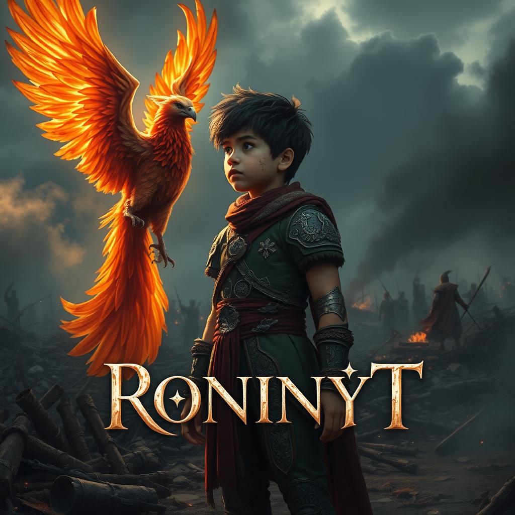 A young boy standing proudly at the end of a war, exuding confidence as he gazes into the distance