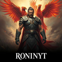 A proud man standing triumphantly at the end of a war, with a majestic phoenix beside him