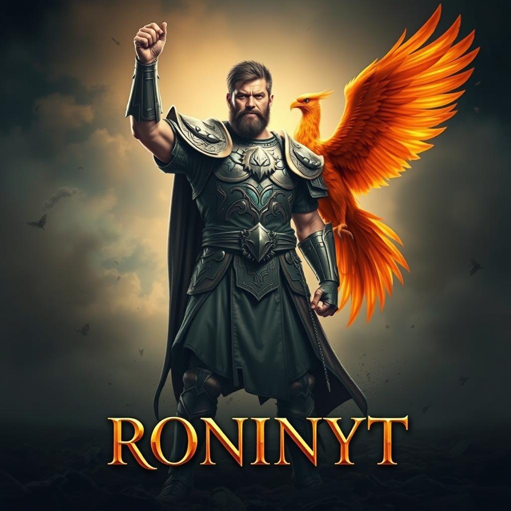 A proud man standing triumphantly at the end of a war, with a majestic phoenix beside him