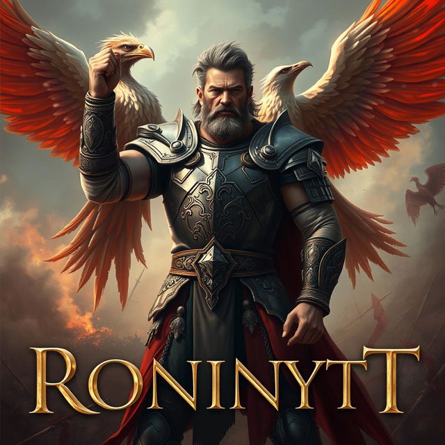 A proud man standing triumphantly at the end of a war, with a majestic phoenix beside him