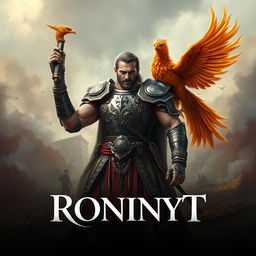 A proud man standing triumphantly at the end of a war, with a majestic phoenix beside him
