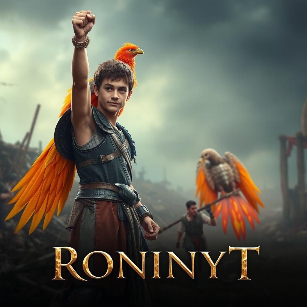 A proud young man standing triumphantly at the end of a war, with an air of confidence and dignity