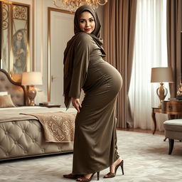 A beautiful 48-year-old Central Asian Muslim woman with a stunning face, dressed in a tight silk abaya and hijab that elegantly highlights her voluptuous and curvy figure