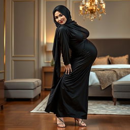 A beautiful 48-year-old Central Asian Muslim woman with a stunning face, dressed in a tight silk abaya and hijab that elegantly highlights her voluptuous and curvy figure