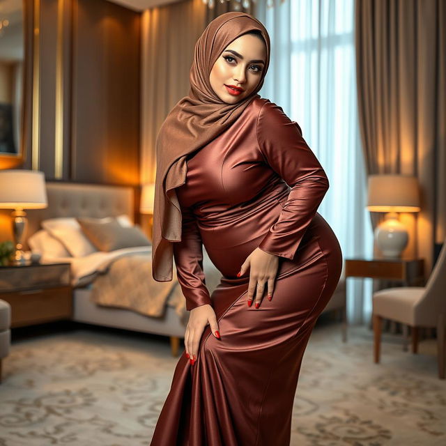 A beautiful 48-year-old Central Asian Muslim woman with a stunning face, dressed in a tight silk abaya and hijab that elegantly highlights her voluptuous and curvy figure