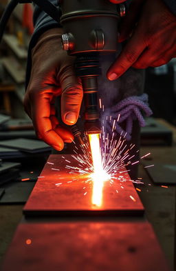 An artistic depiction of a close-up scene showcasing the intricate process of flame cutting by a skilled craftsman using a mechanical tool