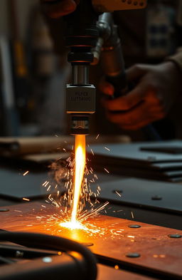 An artistic depiction of a close-up scene showcasing the intricate process of flame cutting by a skilled craftsman using a mechanical tool
