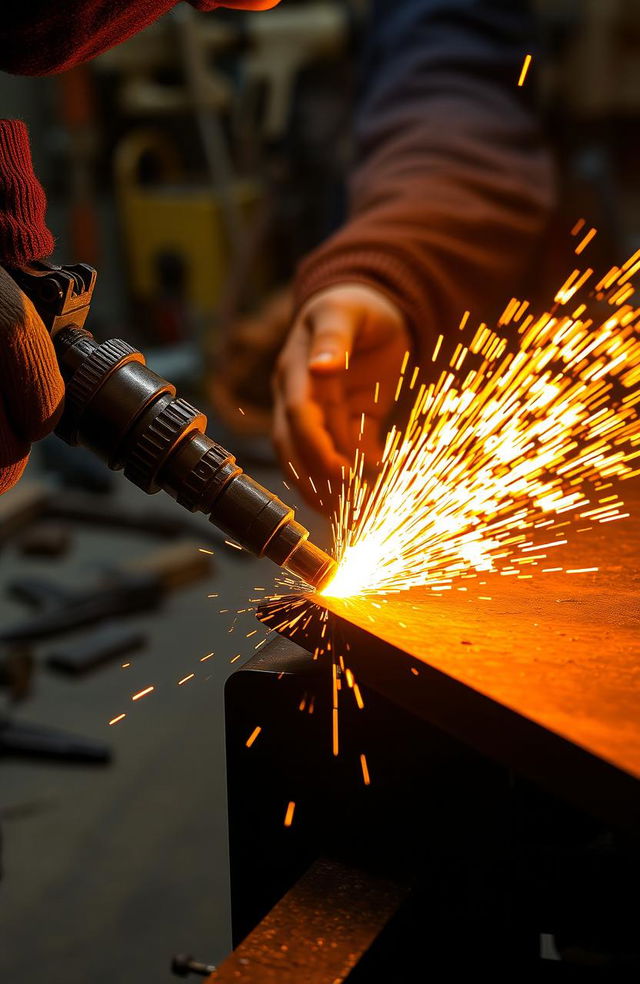 An artistic depiction of a close-up scene showcasing the intricate process of flame cutting by a skilled craftsman using a mechanical tool