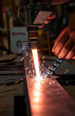 An artistic depiction of a close-up scene showcasing the intricate process of flame cutting by a skilled craftsman using a mechanical tool