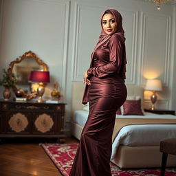 A beautiful 48-year-old Central Asian Muslim woman with an exquisite face, wearing a tight silk abaya and hijab that accentuates her voluptuous and curvy figure