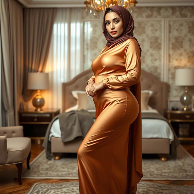 A beautiful 48-year-old Central Asian Muslim woman with an exquisite face, wearing a tight silk abaya and hijab that accentuates her voluptuous and curvy figure