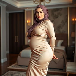 A beautiful 48-year-old Central Asian Muslim woman with an exquisite face, wearing a tight silk abaya and hijab that accentuates her voluptuous and curvy figure