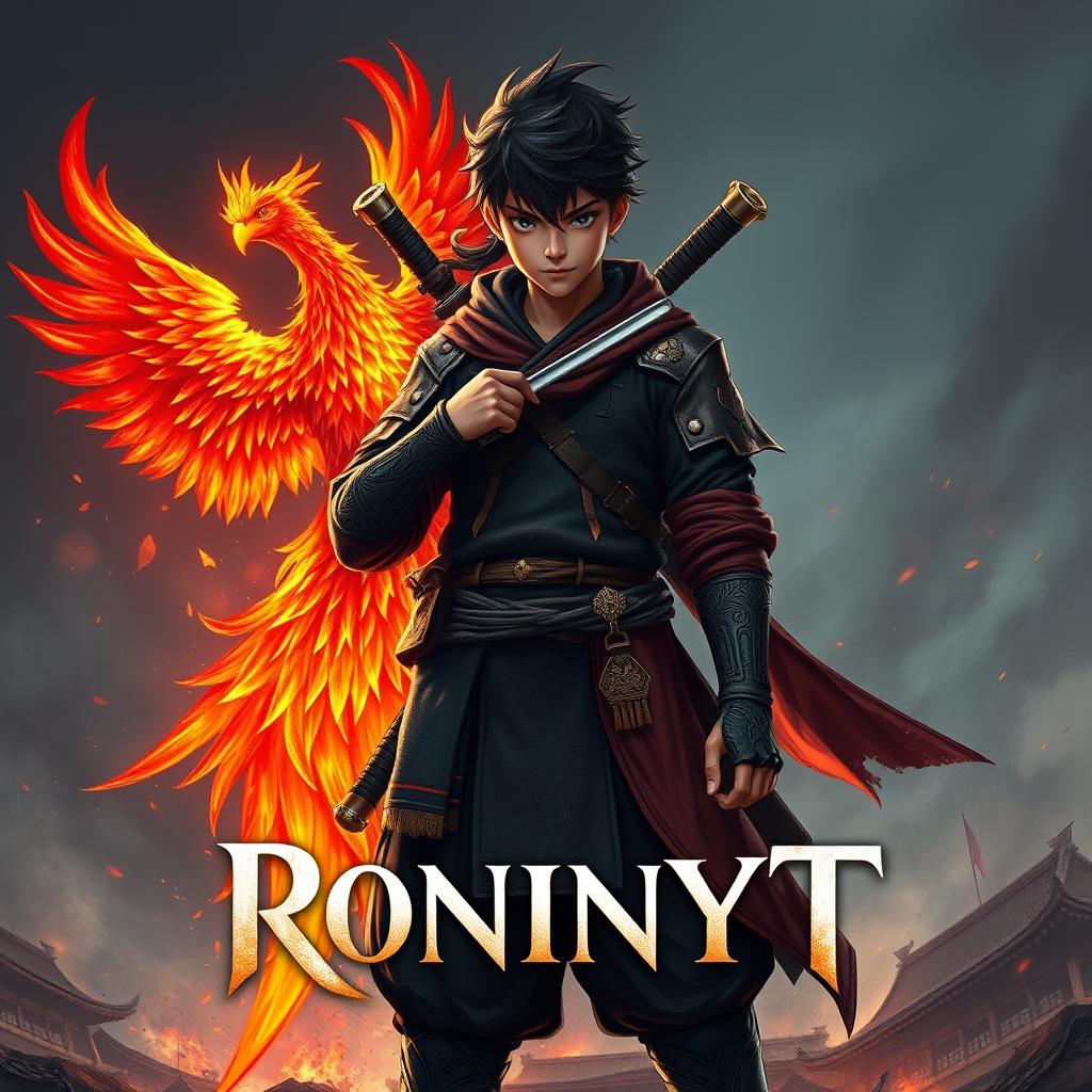 A proud teenage ninja, having brought an end to a great battle, stands confidently in an epic pose with a fiery phoenix by his side