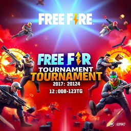 A vibrant and eye-catching banner for a Free Fire tournament, featuring dynamic action scenes from the game, including characters in combat poses, weapons, and explosions